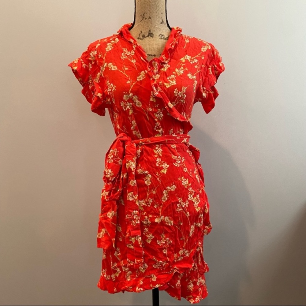 MLM Label Indra Wrap Ruffle Mini Dress Red Floral Small - Picture 4 of 8